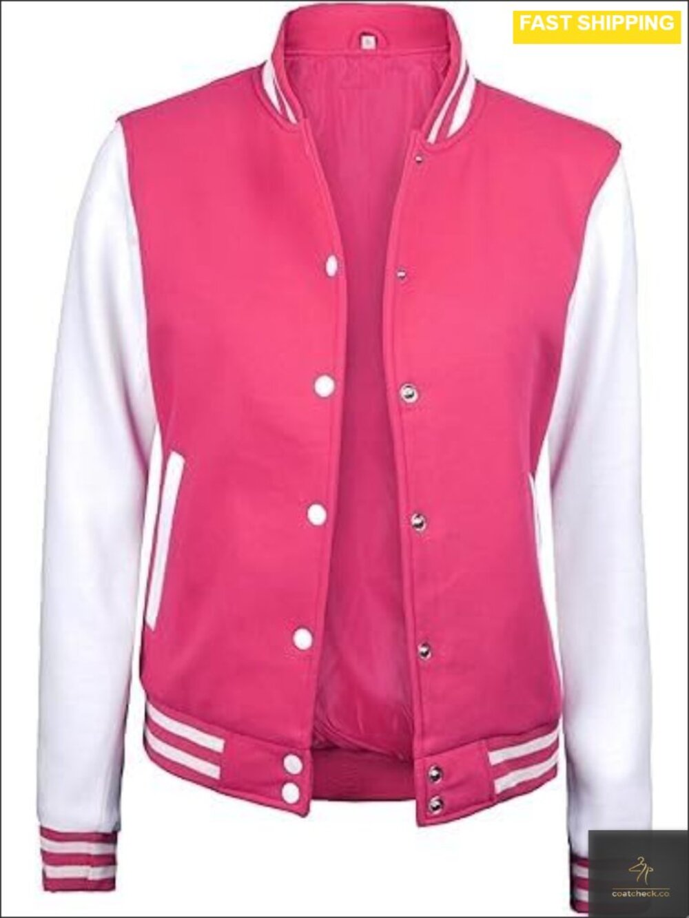 Women's Varsity Bomber Jacket Fleece Letterman Snap-Button Baseball Style